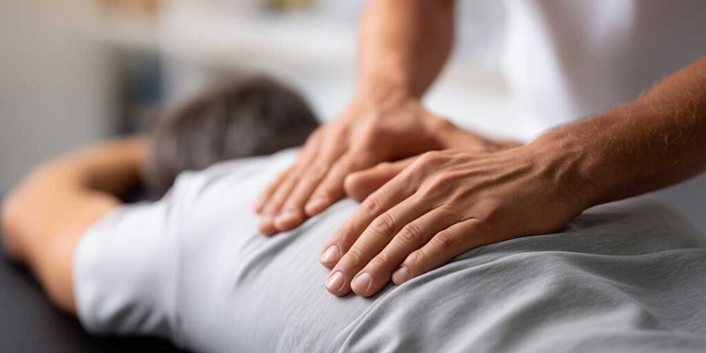Adult stretching beside a desk while maintaining a neutral spine in a bright home workspace.